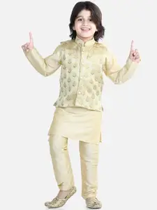 BownBee Boys Beige Layered Pure Silk Kurti with Trousers