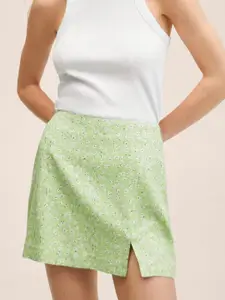 MANGO Women Green & White Floral Straight Skirt