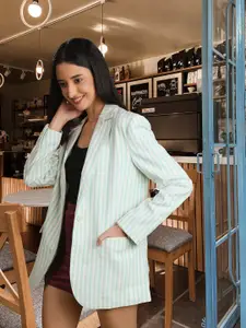 MANGO Women White and Blue Striped Regular Fit Casual Oversized Blazer