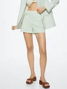 MANGO Women Green & Off-White Striped Shorts