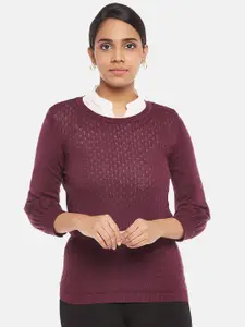 Annabelle by Pantaloons Women Maroon Open Knit Pullover Sweater