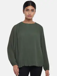 Annabelle by Pantaloons Olive Green Solid Puff Sleeves Top