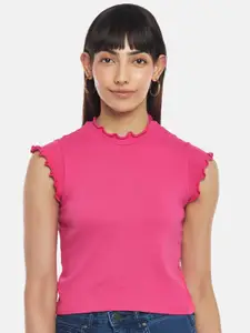 People Fuchsia Solid Cap Sleeves Pure Cotton Fitted Crop Top