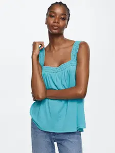 MANGO Blue Solid Lace Insert Detail Top