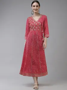 Yufta Pink Ethnic Motifs Embroidered Gotta Patti Pure Cotton Ethnic Maxi Dress