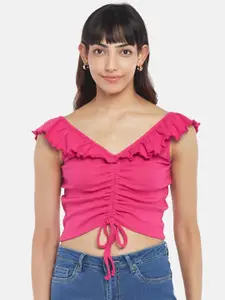 People Pink Ruched Ruffles Pure Cotton Crop Top