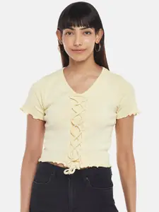 People Yellow V-Neck Short Sleeves Lace Inserts Top