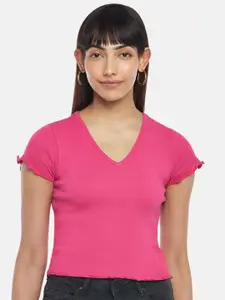 People Pink V-Neck Pure Cotton Crop Top