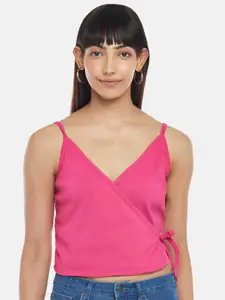 People Fuchsia Solid Pure Cotton Wrap Crop Top