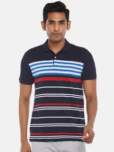 BYFORD by Pantaloons Men Blue Striped Polo Collar Slim Fit T-shirt