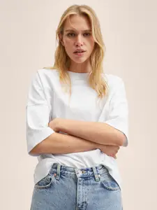 MANGO Women White Solid Drop-Shoulder Sleeves Pure Cotton T-shirt