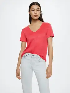 MANGO Women Red Solid V-Neck Linen T-shirt