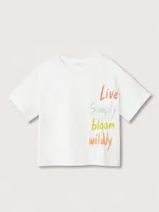 Mango Kids Girls White & Orange Printed Drop-Shoulder Sleeves Pure Cotton T-shirt