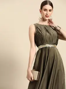 Sangria Taupe Solid Pleated Ethnic Maxi Gown with Embellished Belt