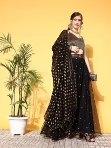 Inddus Black Woven Design Semi-Stitched Lehenga Choli with Dupatta