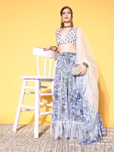 Inddus Classic White Printed Semi-Stitched Lehenga Choli with Dupatta