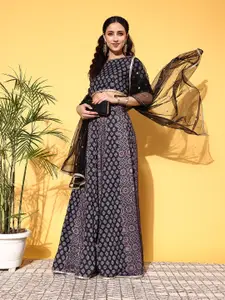 Inddus Black Printed Semi-Stitched Lehenga Choli with Dupatta