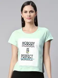Metronaut Women White & Sea Green Typography Printed T-shirt