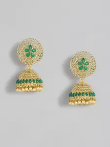 Kord Store Gold-Toned & Green Dome Shaped Jhumkas Earrings