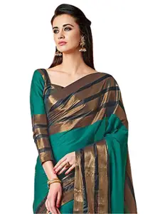 BAPS Green & Gold-Toned Striped Zari Banarasi Saree