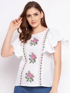 Ruhaans Women White Rayon Embroidered Top