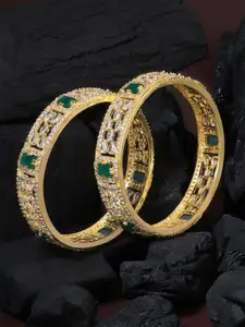 Adwitiya Collection Set Of 2 24 CT Gold-Plated White & Green Stone-Studded Bangles