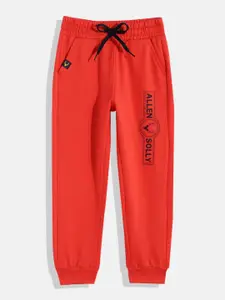 Allen Solly Junior Boys Coral Red Brand Logo Printed Pure Cotton Joggers