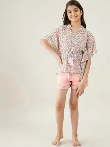 The Kaftan Company Girls Off White & Pink Printed Night suit