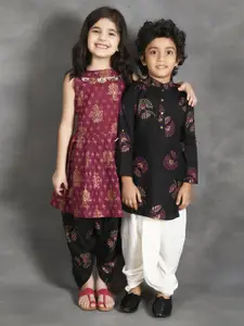 LilPicks Boys Black Floral Embroidered Angrakha Pure Cotton Kurti with Dhoti Pants