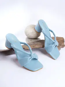 Cogner Blue Printed Party Block Pumps with Bows