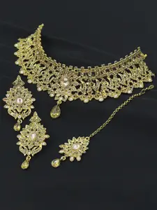 SAIYONI Women Gold-Plated AD Studded Necklace and Earrings with Maangtikka