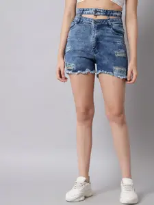 The Dry State Women Blue Washed Slim Fit High-Rise Denim Shorts
