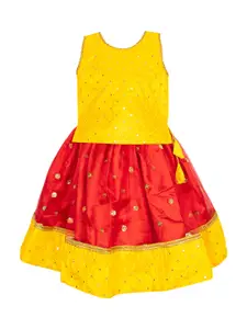 AMIRTHA FASHION Girls Gold-Toned & Red Embellished Sequinned Ready to Wear Lehenga &