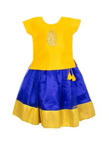 AMIRTHA FASHION Girls Gold-Toned & Blue Embellished Beads and Stones Ready to Wear Lehenga &