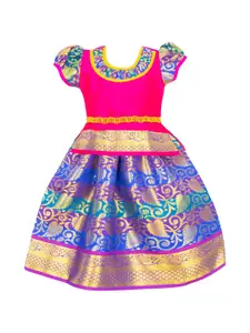 AMIRTHA FASHION Girls Pink & Blue Embellished Ready to Wear Lehenga &