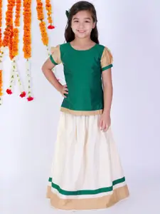 VASTRAMAY Girls Green & White Pavda Pattu Ready To Wear Lehenga Choli Set