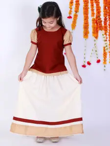 VASTRAMAY Girls Maroon & Cream-Coloured Pavda Pattu Ready To Wear Lehenga Choli Set