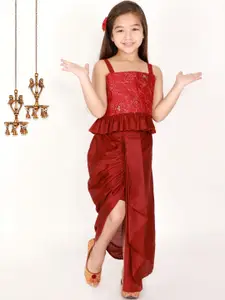 VASTRAMAY Girls Maroon Embroidered Sequinned Ready To Wear Lehenga Choli Set
