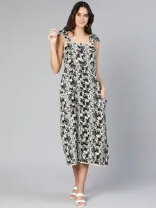 Oxolloxo Black Floral Crepe A-Line Midi Dress