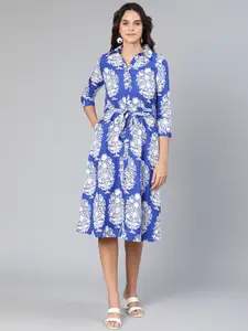 Oxolloxo Blue Ethnic Motifs Crepe Shirt Midi Dress