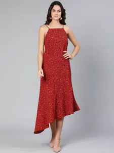 Oxolloxo Red Floral Satin A-Line Midi Dress