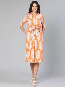 Oxolloxo Orange Ethnic Motifs Crepe A-Line Midi Dress