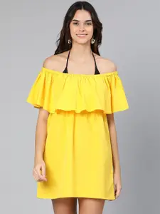 Oxolloxo Women Yellow Solid Cotton Off-Shoulder Swimwear Dress