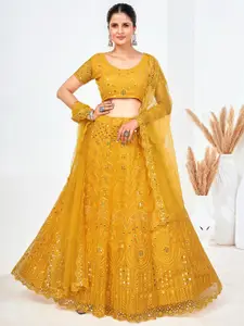 SHOPGARB Yellow Embellished Sequinned Semi-Stitched Lehenga & Unstitched Blouse With Dupatta