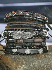 OOMPH Men Set of 5 Black & Brown Leather Wraparound Bracelets