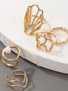 OOMPH Set Of 5 Gold-Plated Bohemian Shell & Elephant Fashion Ring Set
