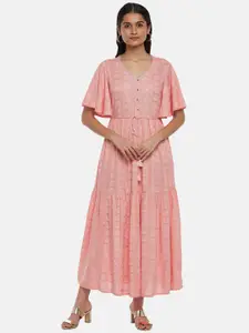 AKKRITI BY PANTALOONS Peach-Coloured & mellow rose Checked Ethnic Maxi Dress