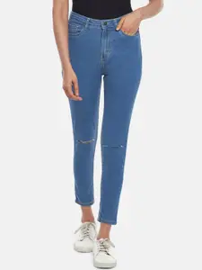 People Women Blue Skinny Fit Slash Knee Jeans