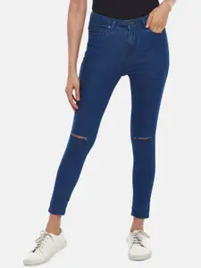 People Women Navy Blue Skinny Fit Slash Knee Jeans