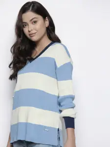 Nautica Women Blue & Off White Cotton Striped Pullover